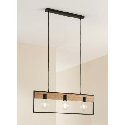 NEVADA SOSPENSIONE 3 LUCI IN METALLO NERO CON INSERTI IN LEGNO LAMPADINE ATTACCO E27 STILE VINTAGE