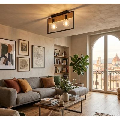 PLAFONIERA 2 LUCI IN METALLO NERO CON INSERTI IN LEGNO LAMPADINE ATTACCO E27 STILE VINTAGE