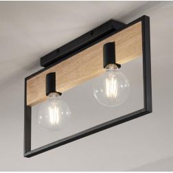 PLAFONIERA 2 LUCI IN METALLO NERO CON INSERTI IN LEGNO LAMPADINE ATTACCO E27 STILE VINTAGE