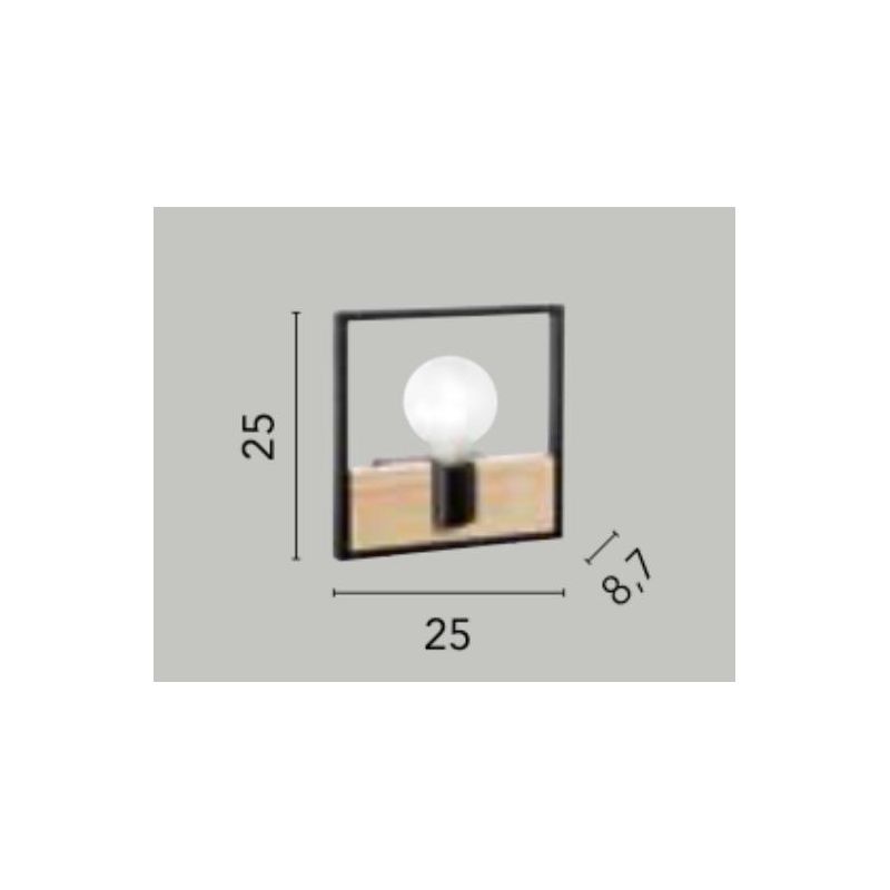 APPLIQUE QUADRATA STILE VINTAGE IN METALLO NERO CON INSERTO IN LEGNO LAMPADINA ATTACCO E27