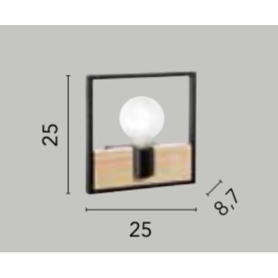 APPLIQUE QUADRATA STILE VINTAGE IN METALLO NERO CON INSERTO IN LEGNO LAMPADINA ATTACCO E27