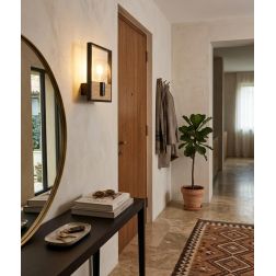 APPLIQUE QUADRATA STILE VINTAGE IN METALLO NERO CON INSERTO IN LEGNO LAMPADINA ATTACCO E27 2