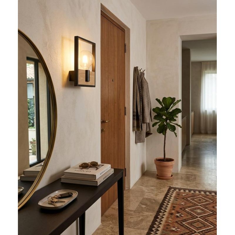 APPLIQUE QUADRATA STILE VINTAGE IN METALLO NERO CON INSERTO IN LEGNO LAMPADINA ATTACCO E27