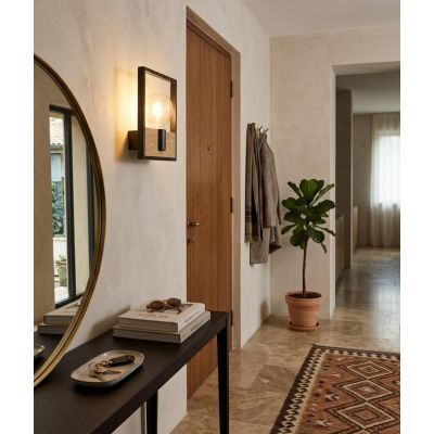 APPLIQUE QUADRATA STILE VINTAGE IN METALLO NERO CON INSERTO IN LEGNO LAMPADINA ATTACCO E27