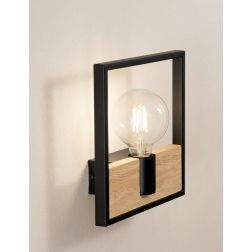 APPLIQUE QUADRATA STILE VINTAGE IN METALLO NERO CON INSERTO IN LEGNO LAMPADINA ATTACCO E27