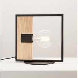 LAMPADA DA TAVOLO QUADRATA IN METALLO NERO CON INSERTO IN LEGNO LAMPADINA ATTACCO E27 STILE VINTAGE