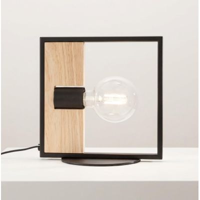LAMPADA DA TAVOLO QUADRATA IN METALLO NERO CON INSERTO IN LEGNO LAMPADINA ATTACCO E27 STILE VINTAGE