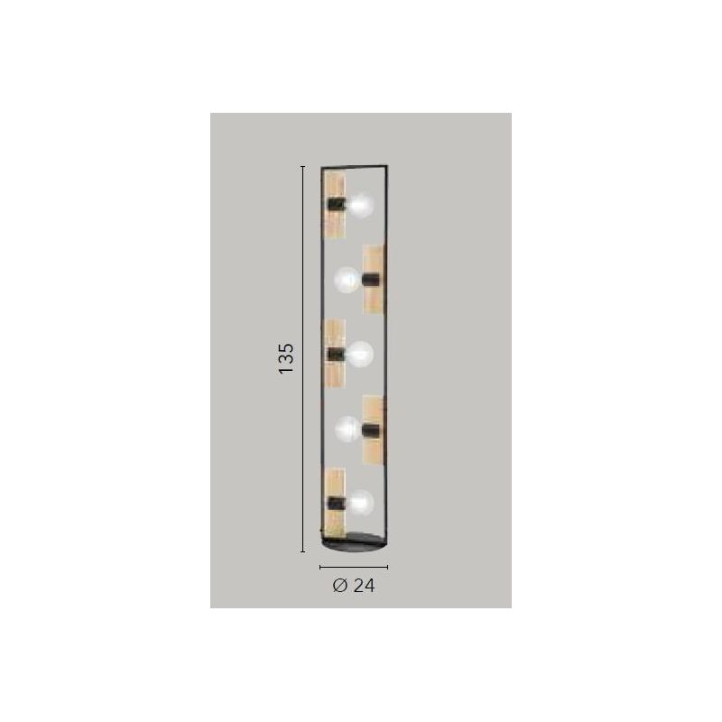 PIANTANA 5 LUCI RETTANGOLARE IN METALLO NERO CON INSERTI IN LEGNO LAMPADINE ATTACCO E27 STILE VINTAGE
