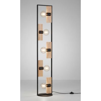 PIANTANA 5 LUCI RETTANGOLARE IN METALLO NERO CON INSERTI IN LEGNO LAMPADINE ATTACCO E27 STILE VINTAGE