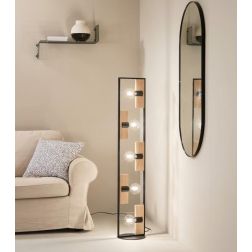 PIANTANA 5 LUCI RETTANGOLARE IN METALLO NERO CON INSERTI IN LEGNO LAMPADINE ATTACCO E27 STILE VINTAGE 2