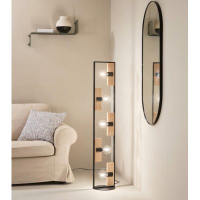 PIANTANA 5 LUCI RETTANGOLARE IN METALLO NERO CON INSERTI IN LEGNO LAMPADINE ATTACCO E27 STILE VINTAGE