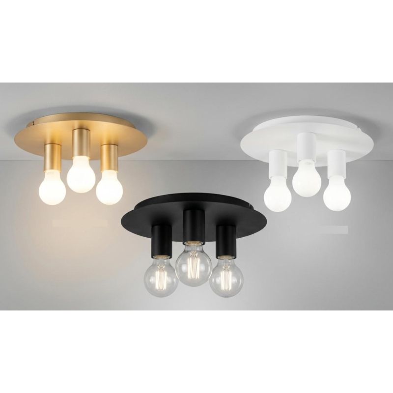 PLAFONIERA 3 LUCI ROTONDA D30 CM IN METALLO BIANCO, NERO, ORO CON LAMPADINE A VISTA ATTACCO E27