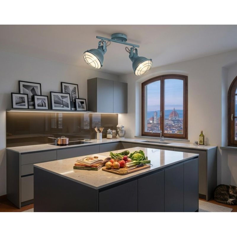 FARETTO SPOT 2 LUCI ORIENTABILI IN METALLO GRIGIO PIETRA STILE VINTAGE LAMPADINE ATTACCO E14
