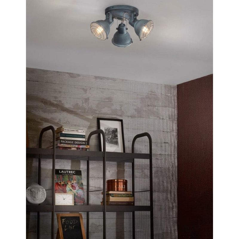 PLAFONIERA ROTONDA CON 3 SPOT ORIENTABILI IN METALLO GRIGIO PIETRA STILE VINTAGE LAMPADINE ATTACCO E14