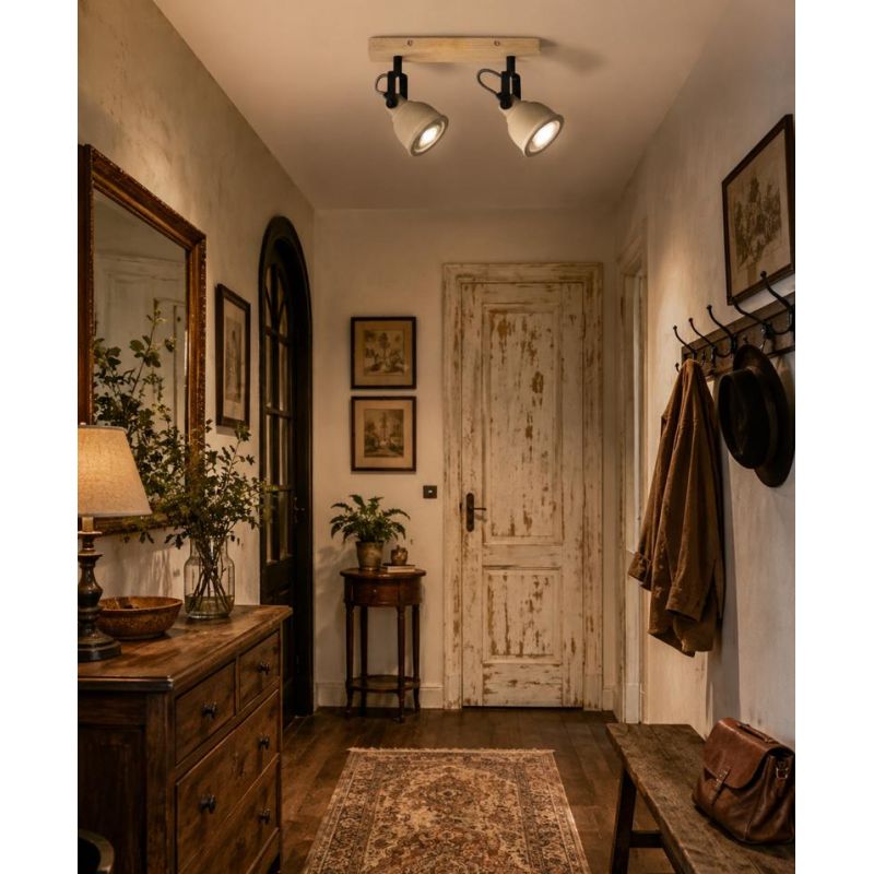 FARETTO SPOT 2 LUCI ORIENTABILI IN LEGNO E CEMENTO STILE VINTAGE LAMPADINE ATTACCO GU10