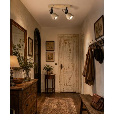 FARETTO SPOT 2 LUCI ORIENTABILI IN LEGNO E CEMENTO STILE VINTAGE LAMPADINE ATTACCO GU10