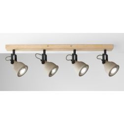 PLAFONIERA CON 4 SPOT ORIENTABILI IN LEGNO E CEMENTO STILE VINTAGE LAMPADINE ATTACCO GU10