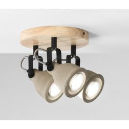 PLAFONIERA ROTONDA CON 3 SPOT ORIENTABILI IN LEGNO E CEMENTO STILE VINTAGE LAMPADINE ATTACCO GU10