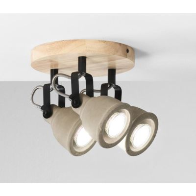 PLAFONIERA ROTONDA CON 3 SPOT ORIENTABILI IN LEGNO E CEMENTO STILE VINTAGE LAMPADINE ATTACCO GU10