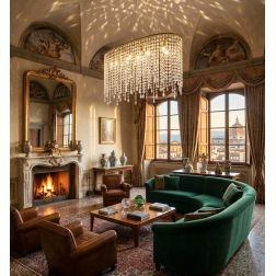 LAMPADARIO A SOSPENSIONE IN METALLO ORO O CROMO CON PENDAGLI IN CRISTALLO TRASPARENTE DESIGN MODERNO 2
