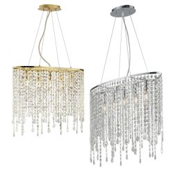 LAMPADARIO A SOSPENSIONE IN METALLO ORO O CROMO CON PENDAGLI IN CRISTALLO TRASPARENTE DESIGN MODERNO