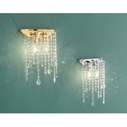 APPLIQUE IN METALLO ORO O CROMO CON PENDAGLI IN CRISTALLO TRASPARENTE LAMPADINE ATTACCO E14 MODERNA