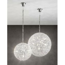 PLANET SOSPENSIONE A SFERA CROMO 2 MISURE CON DIFFUSORE IN OTTAGONI DI CRISTALLO LAMPADINE ATTACCO G9