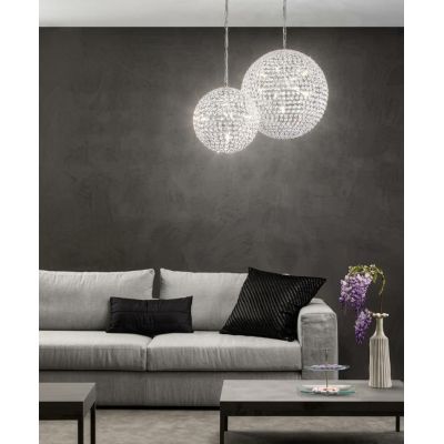 PLANET SOSPENSIONE A SFERA CROMO 2 MISURE CON DIFFUSORE IN OTTAGONI DI CRISTALLO LAMPADINE ATTACCO G9