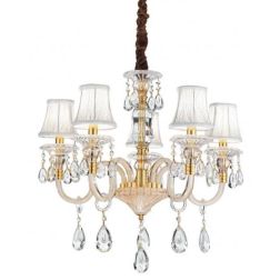 MONET LAMPADARIO IN ORO 2 MISURE CON PENDAGLIERIA IN CRISTALLO E PARALUMI IN TESSUTO BIANCO STILE CLASSICO