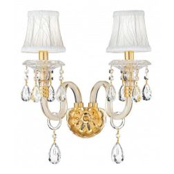 APPLIQUE 2 LUCI IN METALLO ORO CON PENDAGLIERIA IN CRISTALLO E PARALUMI IN TESSUTO BIANCO STILE CLASSICO