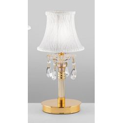 LAMPADA DA TAVOLO IN METALLO ORO CON PENDAGLIERIA IN CRISTALLO E PARALUME IN TESSUTO BIANCO STILE CLASSICO 2