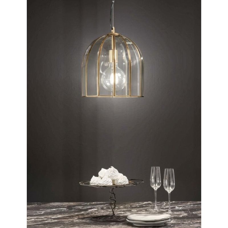 SOSPENSIONE VINTAGE A CAMPANA IN VETRO TRASPARENTE E METALLO OTTONE LAMPADINA ATTACCO E27