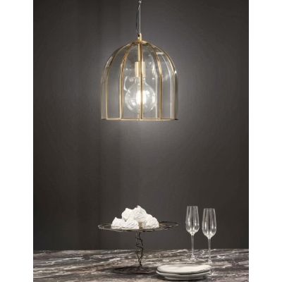 SOSPENSIONE VINTAGE A CAMPANA IN VETRO TRASPARENTE E METALLO OTTONE LAMPADINA ATTACCO E27