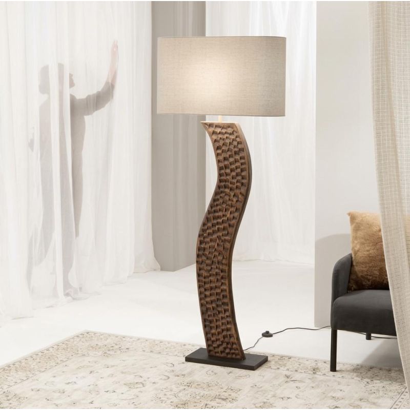 ACACIA PIANTANA IN LEGNO SCURO FORMA ONDULATA CON PARALUME TESSUTO BIANCO LAMPADINA ATTACCO E27 MODERNA