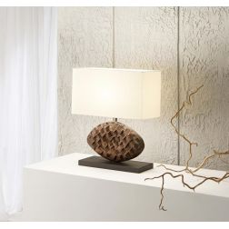 LAMPADA DA TAVOLO CON BASE IN LEGNO SCURO E CON PARALUME TESSUTO BIANCO LAMPADINA ATTACCO E27 MODERNA