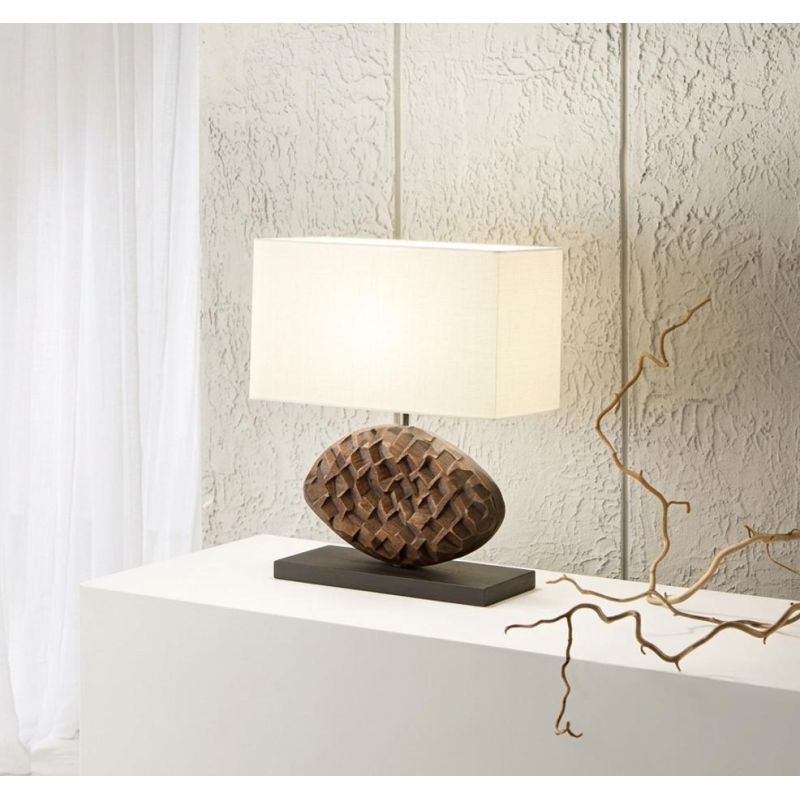LAMPADA DA TAVOLO CON BASE IN LEGNO SCURO E CON PARALUME TESSUTO BIANCO LAMPADINA ATTACCO E27 MODERNA