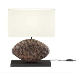 LAMPADA DA TAVOLO CON BASE IN LEGNO SCURO E CON PARALUME TESSUTO BIANCO LAMPADINA ATTACCO E27 MODERNA 2