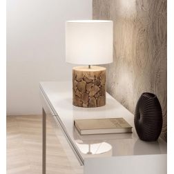 XYLO LAMPADA DA TAVOLO CON TRONCO IN LEGNO E PARALUME IN TESSUTO BIANCO LAMPADINA ATTACCO E27 MODERNA