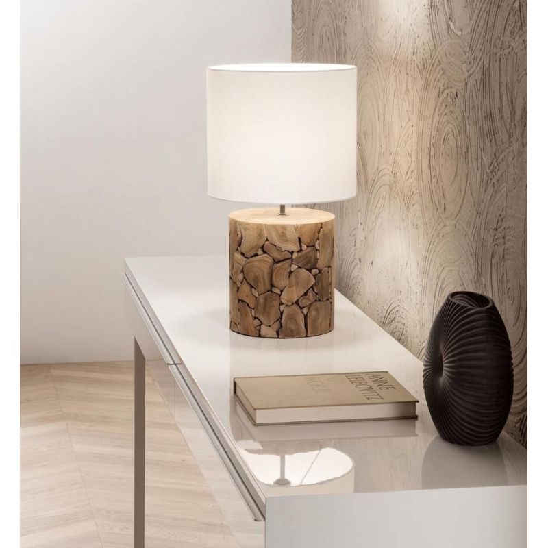 XYLO LAMPADA DA TAVOLO CON TRONCO IN LEGNO E PARALUME IN TESSUTO BIANCO LAMPADINA ATTACCO E27 MODERNA