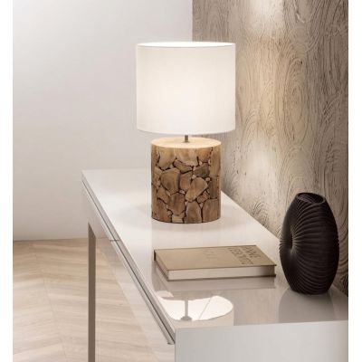 XYLO LAMPADA DA TAVOLO CON TRONCO IN LEGNO E PARALUME IN TESSUTO BIANCO LAMPADINA ATTACCO E27 MODERNA
