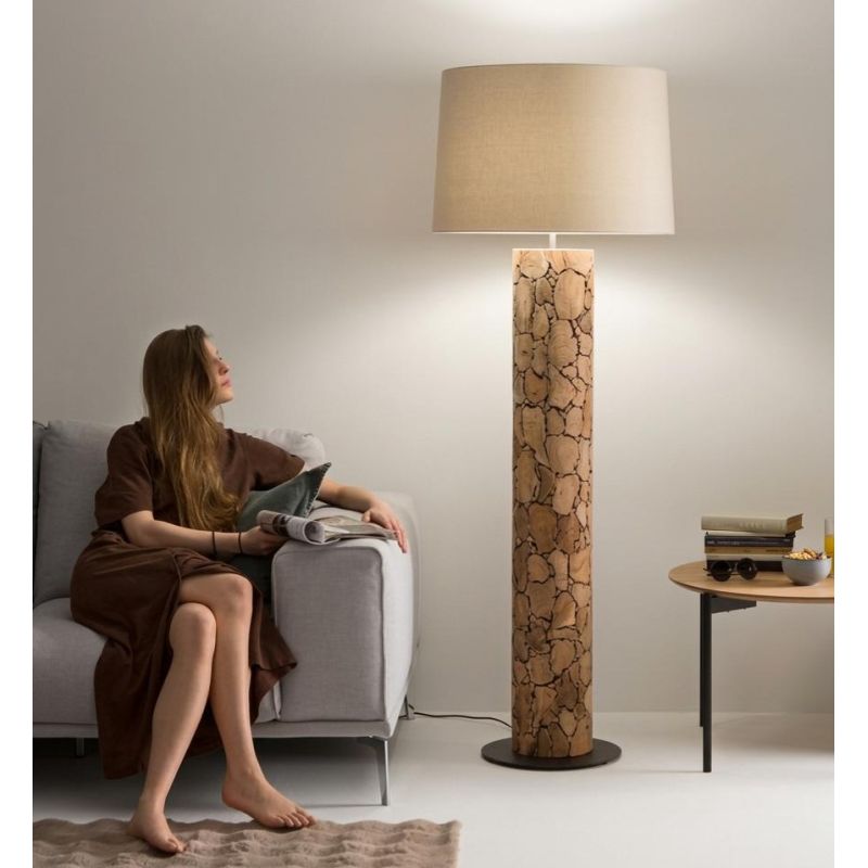 LAMPADA DA TERRA H170 CM CON TRONCO IN LEGNO E PARALUME IN TESSUTO LAMPADINA ATTACCO E27 MODERNA