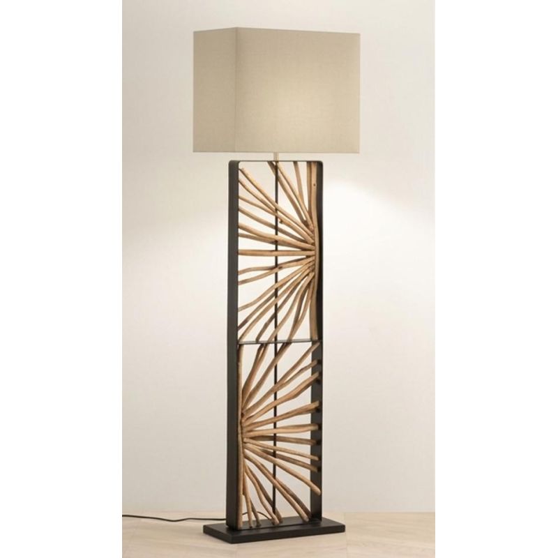 ETHEREAL PIANTANA H165 CM NERA CON RAMI IN LEGNO E PARALUME IN TESSUTO LAMPADINA ATTACCO E27 MODERNA