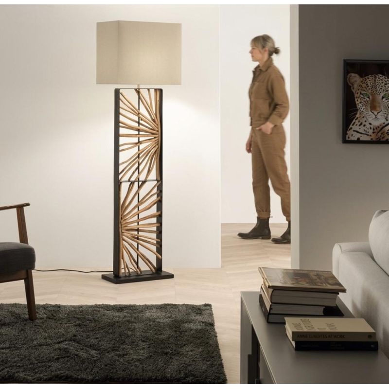 ETHEREAL PIANTANA H165 CM NERA CON RAMI IN LEGNO E PARALUME IN TESSUTO LAMPADINA ATTACCO E27 MODERNA