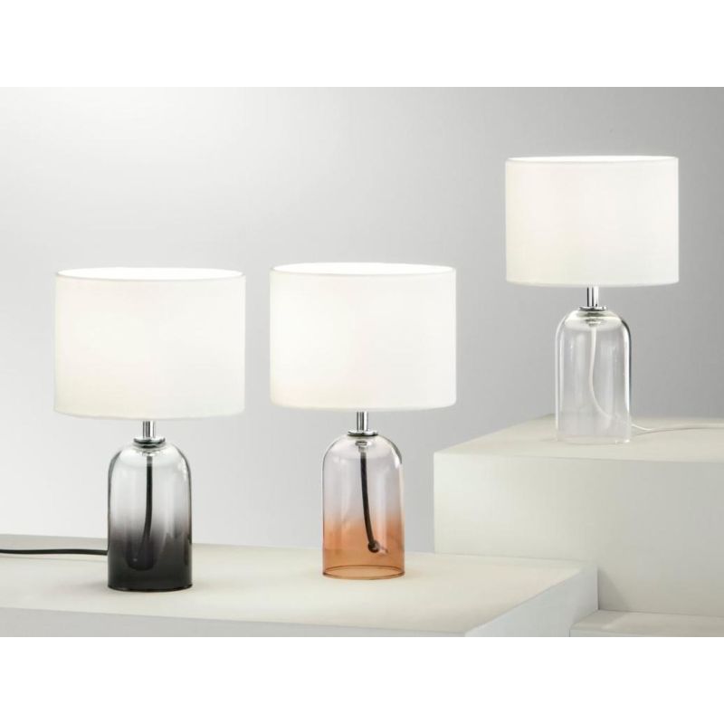 LUMETTO H30 CM CON BASE IN VETRO COLORATO SFUMATO 3 FINITURE E PARALUME IN TESSUTO LAMPADINA ATTACCO E14