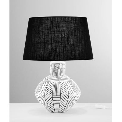 LAMPADA DA TAVOLO H50 CM IN CERAMICA BIANCA DECORATA CON PARALUME NERO MODERNA LAMPADINA ATTACCO E27