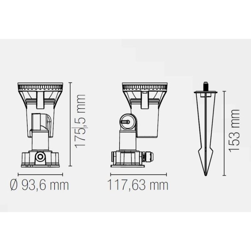 GRUBB FARETTO DA ESTERNO ORIENTABILE IP65 IN TERMOPLASTICA NERA CON PICCHETTO E LAMPADINA E27 LED SMD 7W INCLUSI