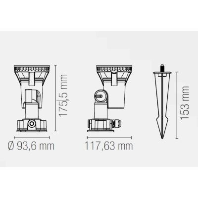 GRUBB FARETTO DA ESTERNO ORIENTABILE IP65 IN TERMOPLASTICA NERA CON PICCHETTO E LAMPADINA E27 LED SMD 7W INCLUSI