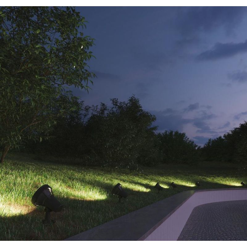 GRUBB FARETTO DA ESTERNO ORIENTABILE IP65 IN TERMOPLASTICA NERA CON PICCHETTO E LAMPADINA E27 LED SMD 7W INCLUSI