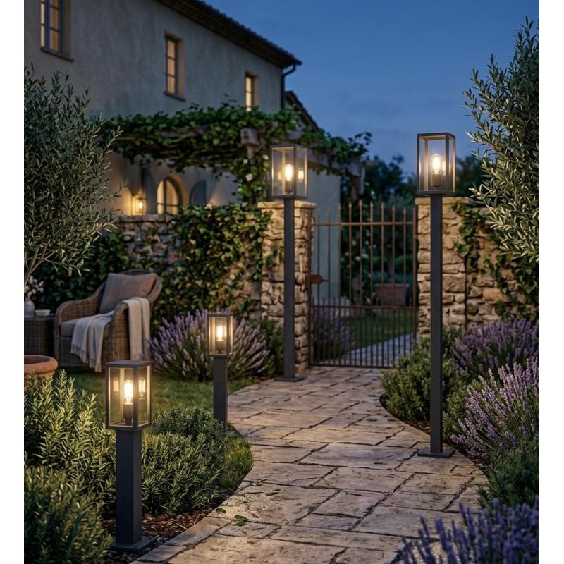 LAMPIONE DA GIARDINO 2 MISURE IP44 IN METALLO ANTRACITE O BIANCO DIFFUSORI IN VETRO LAMPADINA ATTACCO E27