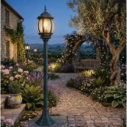 PALETTO DA GIARDINO H110 CM CLASSICO IN ALLUMINIO NERO/VERDE CON VETRO TRASPARENTE LAMPADINA ATTACCO E27